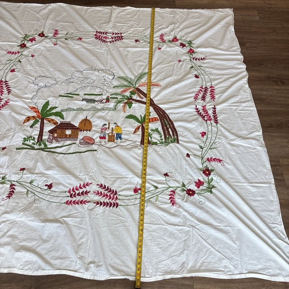 Rare Vintage Embroidered Island Scene 81x76 Bedsheet ART Flowers‎ Palms Mountain